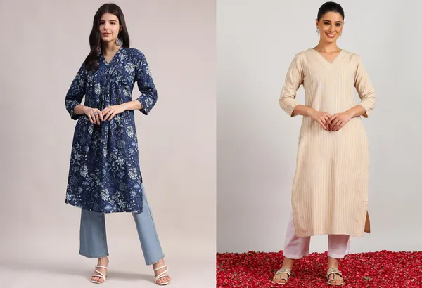 Pack_of_2_Beige_&_Navy_Blue_Woven_Stripped_V-Neck_Kurta_For_Women