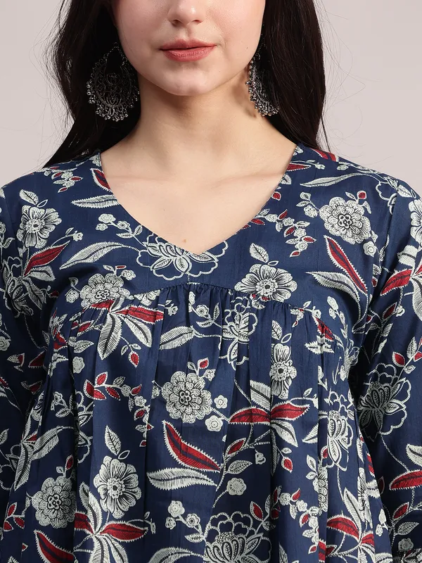 Navy_Blue_Cotton_Tunic_With_Red_And_White_Floral_Print,_Pin-Tuck_Detailing,_And_Flared_Sleeves_For_Women