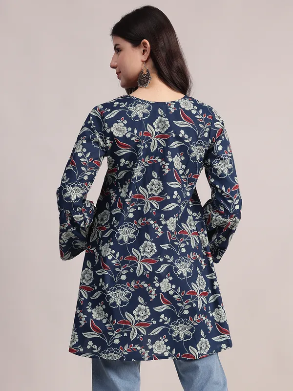 Navy_Blue_Cotton_Tunic_With_Red_And_White_Floral_Print,_Pin-Tuck_Detailing,_And_Flared_Sleeves_For_Women