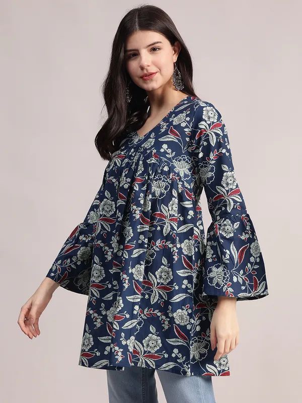 Navy_Blue_Cotton_Tunic_With_Red_And_White_Floral_Print,_Pin-Tuck_Detailing,_And_Flared_Sleeves_For_Women