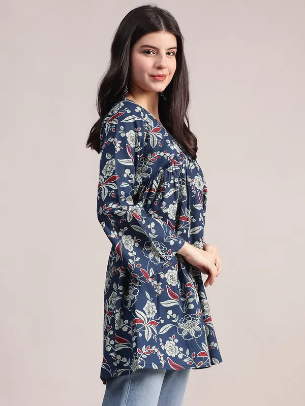 Navy_Blue_Cotton_Tunic_With_Red_And_White_Floral_Print,_Pin-Tuck_Detailing,_And_Flared_Sleeves_For_Women