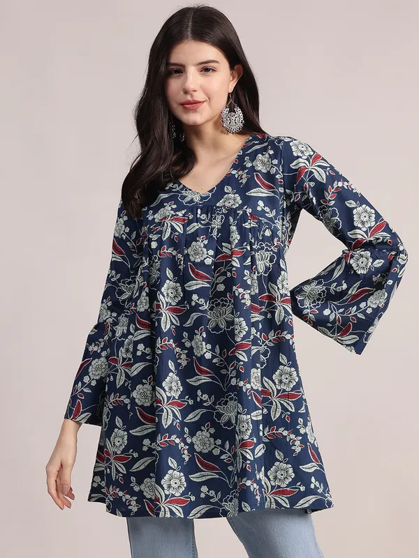 Navy_Blue_Cotton_Tunic_With_Red_And_White_Floral_Print,_Pin-Tuck_Detailing,_And_Flared_Sleeves_For_Women
