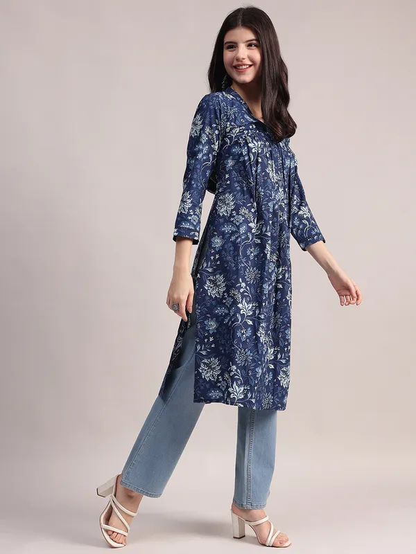 Navy_Blue_Floral_Printed_Cotton_A-Line_Kurta_With_Pintuck_Detailing_For_Women