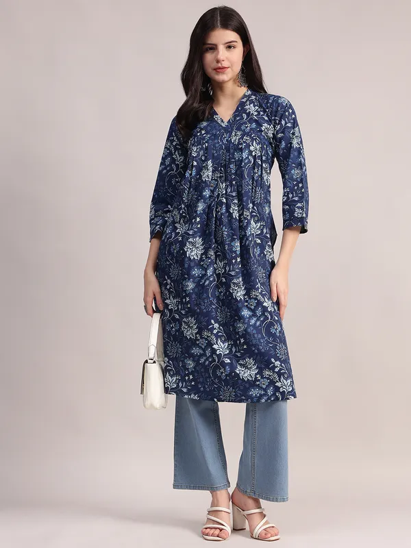 Navy_Blue_Floral_Printed_Cotton_A-Line_Kurta_With_Pintuck_Detailing_For_Women