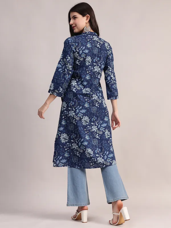 Navy_Blue_Floral_Printed_Cotton_A-Line_Kurta_With_Pintuck_Detailing_For_Women