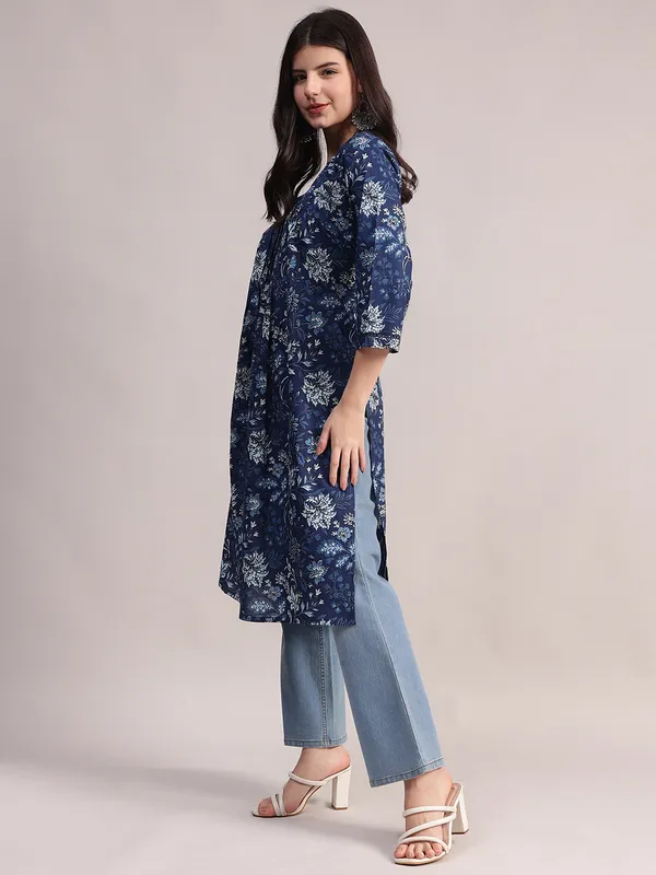 Navy_Blue_Floral_Printed_Cotton_A-Line_Kurta_With_Pintuck_Detailing_For_Women