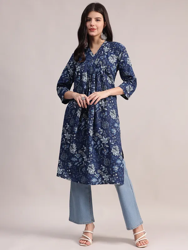 Navy_Blue_Floral_Printed_Cotton_A-Line_Kurta_With_Pintuck_Detailing_For_Women