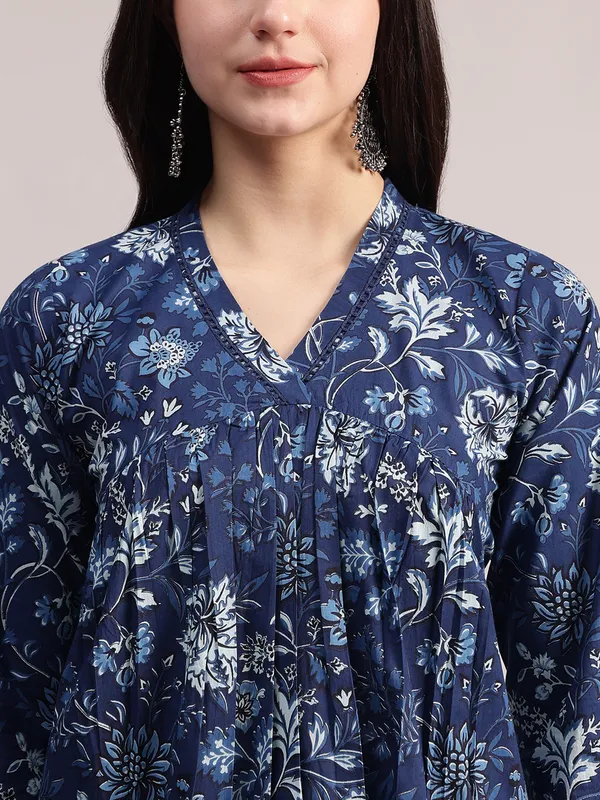 Navy_Blue_Floral_Printed_Cotton_A-Line_Kurta_With_Pintuck_Detailing_For_Women