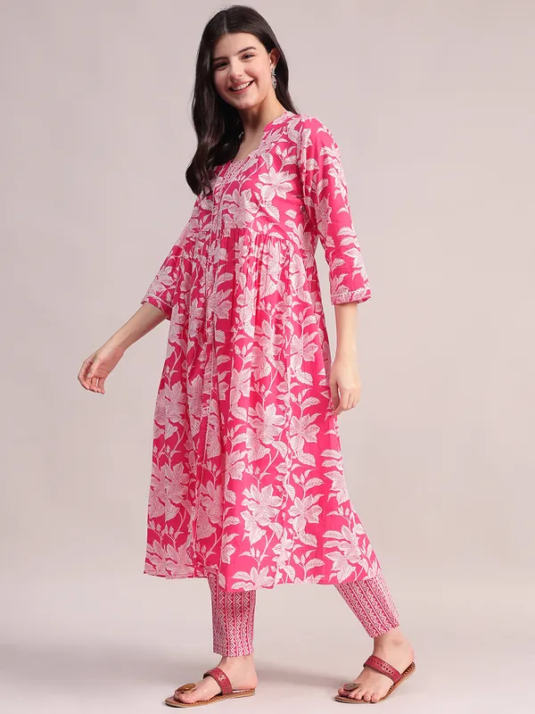 Pink_Floral_Cotton_Kurta_With_Lace_Detailing,_With_Trouser_&_Dupatta_For_Women
