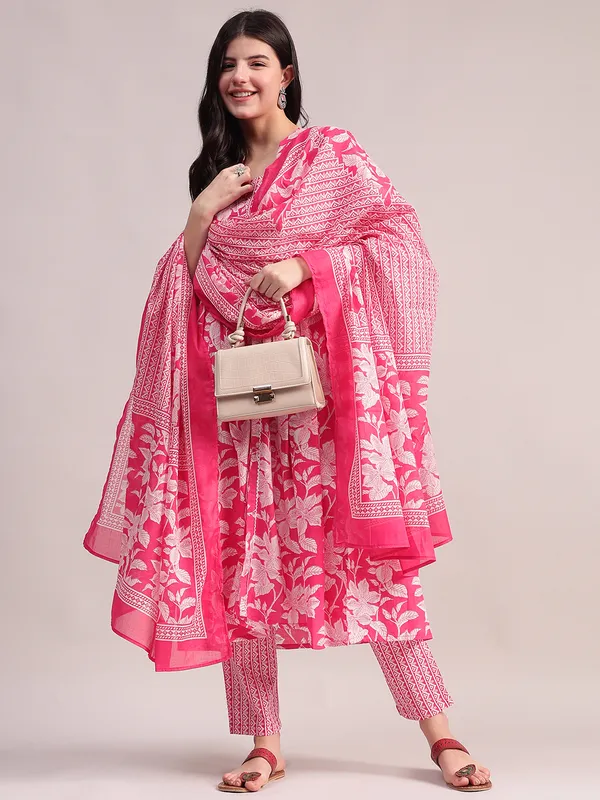 Pink_Floral_Cotton_Kurta_With_Lace_Detailing,_With_Trouser_&_Dupatta_For_Women