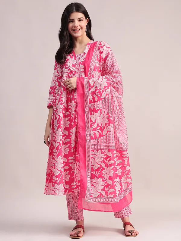 Pink_Floral_Cotton_Kurta_With_Lace_Detailing,_With_Trouser_&_Dupatta_For_Women