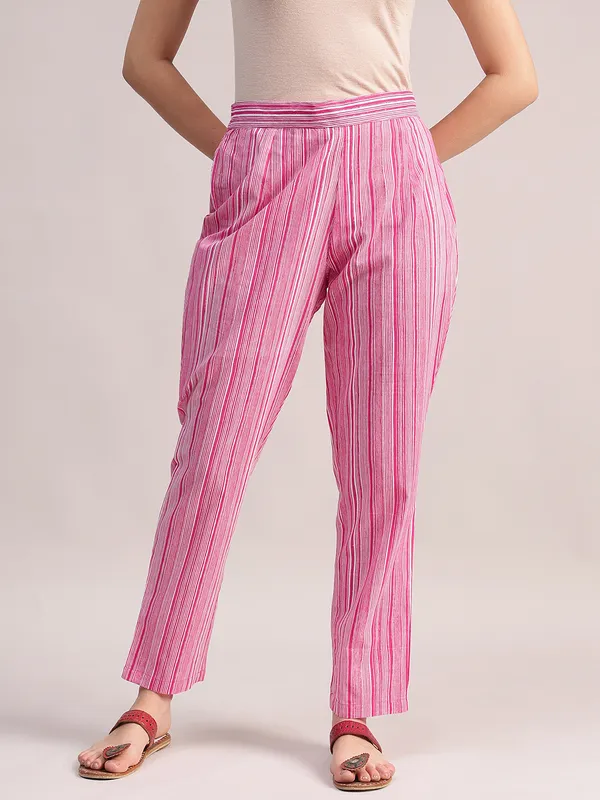 Pink_Floral_Print_Cotton_A-Line_Kurta_With_Striped_Trouser_&_Dupatta_For_Women