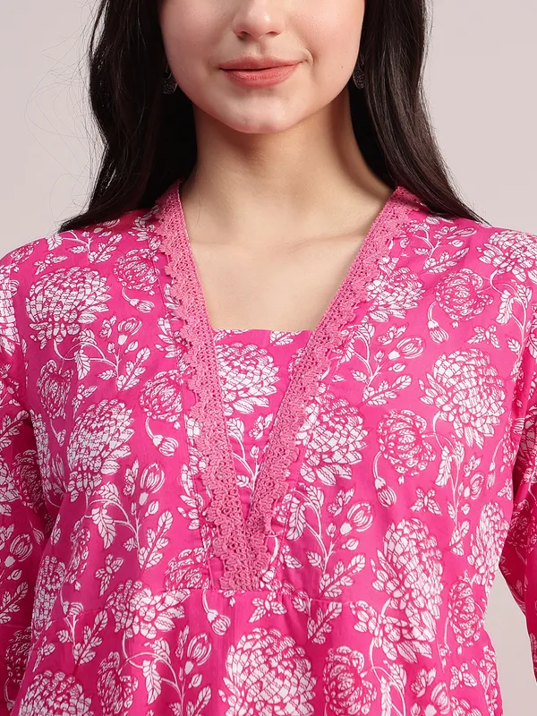 Pink_Floral_Print_Cotton_A-Line_Kurta_With_Striped_Trouser_&_Dupatta_For_Women