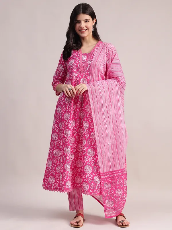 Pink_Floral_Print_Cotton_A-Line_Kurta_With_Striped_Trouser_&_Dupatta_For_Women