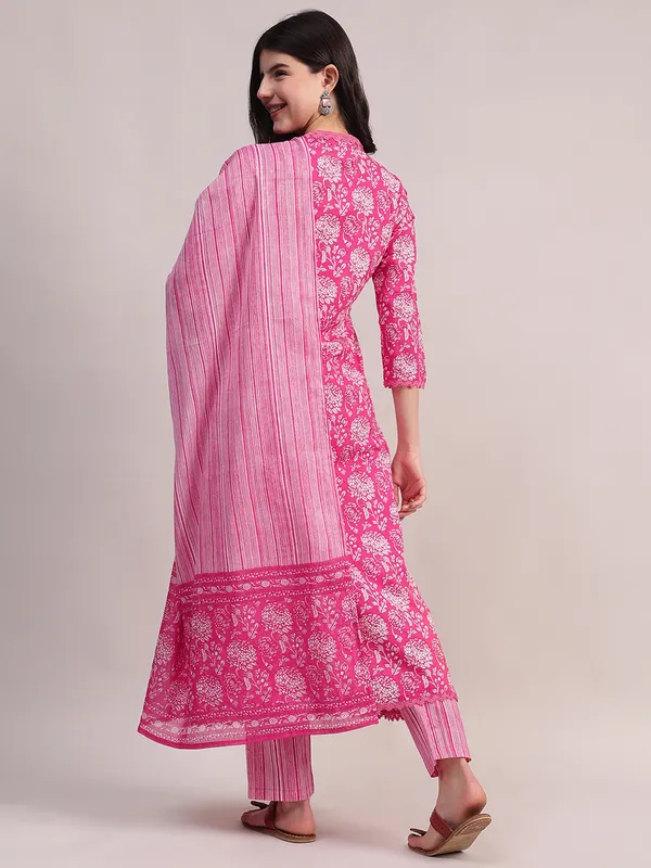 Pink_Floral_Print_Cotton_A-Line_Kurta_With_Striped_Trouser_&_Dupatta_For_Women