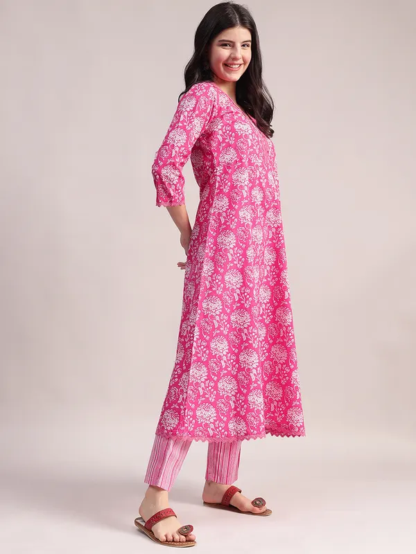 Pink_Floral_Print_Cotton_A-Line_Kurta_With_Striped_Trouser_&_Dupatta_For_Women