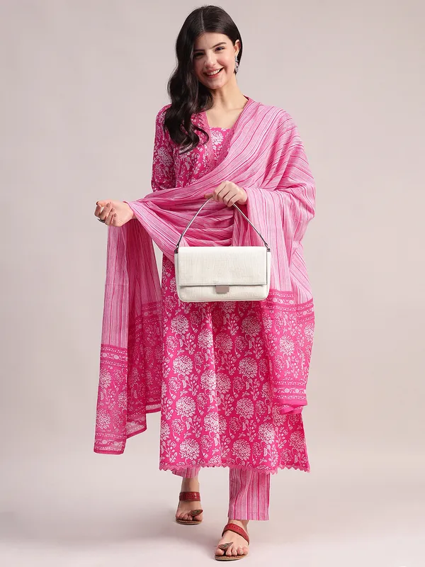 Pink_Floral_Print_Cotton_A-Line_Kurta_With_Striped_Trouser_&_Dupatta_For_Women