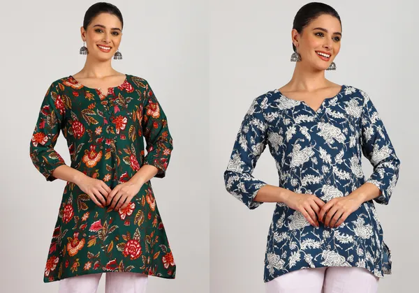 Pack_of_2_Green_&_Navy_Blue_Floral_Printed_Flared_Tunic_For_Women