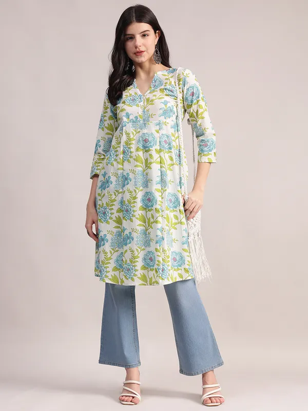 Off-White_And_Blue_Cotton_A-Line_Tunic_With_Blue_And_Green_Floral_Print._For_Women