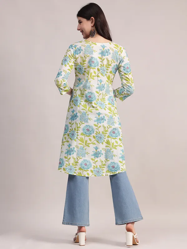 Off-White_And_Blue_Cotton_A-Line_Tunic_With_Blue_And_Green_Floral_Print._For_Women