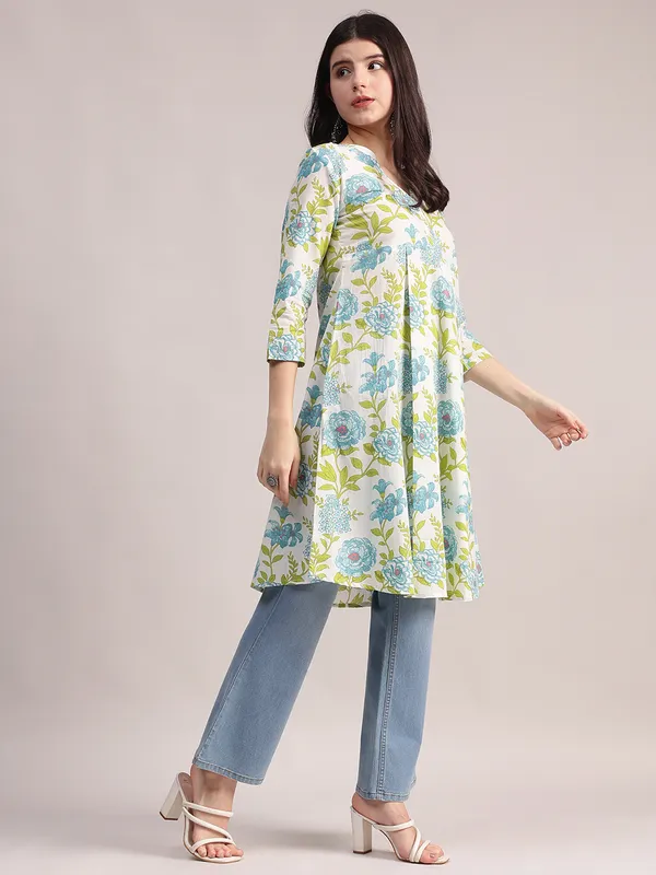 Off-White_And_Blue_Cotton_A-Line_Tunic_With_Blue_And_Green_Floral_Print._For_Women