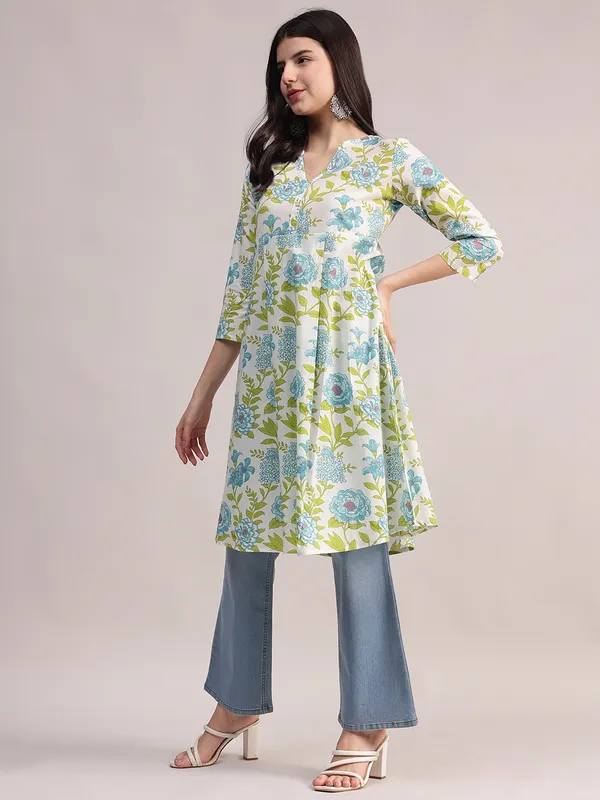 Off-White_And_Blue_Cotton_A-Line_Tunic_With_Blue_And_Green_Floral_Print._For_Women