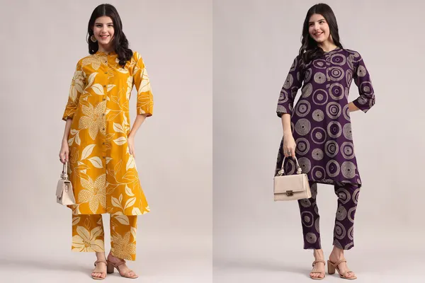 Pack_of_2_Mustard_Yellow_&_Purple_Floral_Printed_Cotton_Co-Ord_Set_For_Women
