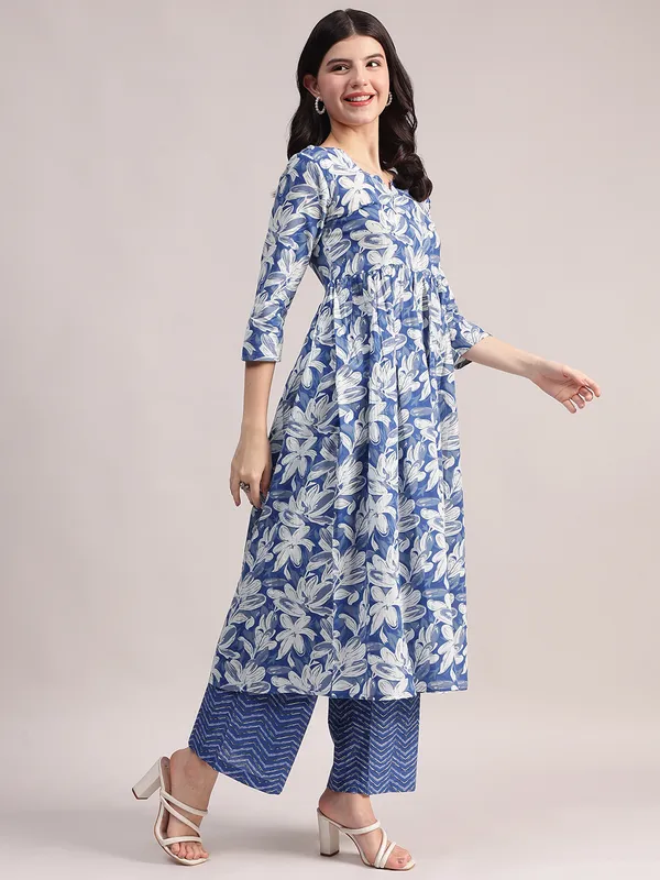 Blue_Floral_Printed_Cotton_Kurta_With_Chevron_Pattern_Palazzo_Set_For_Women