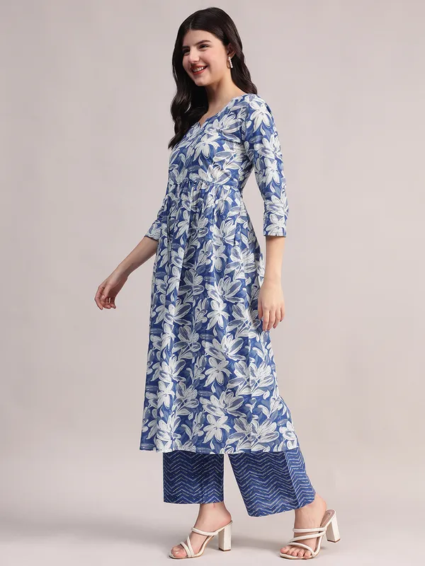 Blue_Floral_Printed_Cotton_Kurta_With_Chevron_Pattern_Palazzo_Set_For_Women