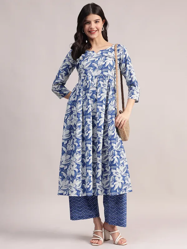 Blue_Floral_Printed_Cotton_Kurta_With_Chevron_Pattern_Palazzo_Set_For_Women