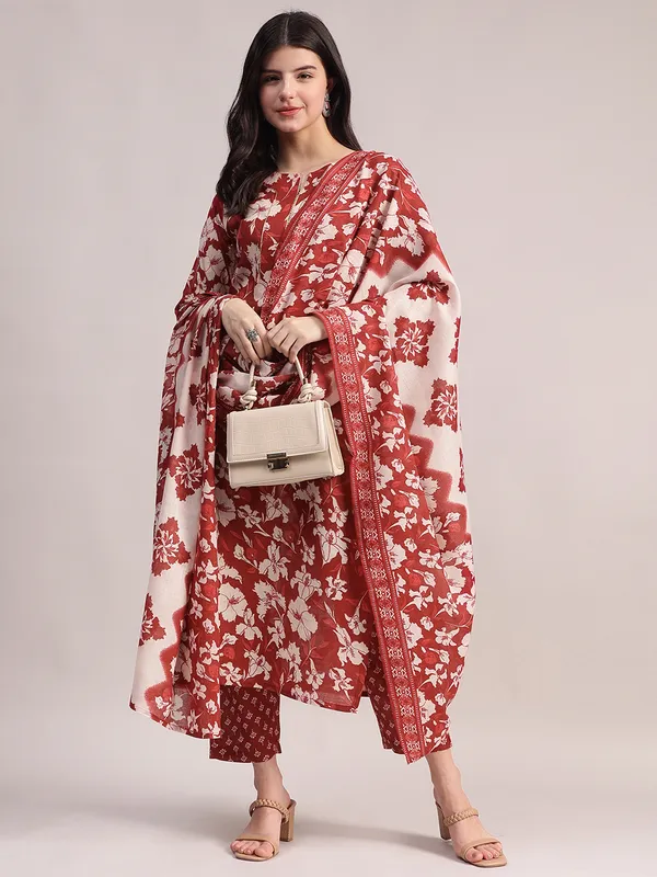 Maroon_Floral_Printed_Kurta_With_Printed_Pants_&_Dupatta_Set_For_Women