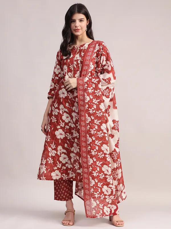 Maroon_Floral_Printed_Kurta_With_Printed_Pants_&_Dupatta_Set_For_Women