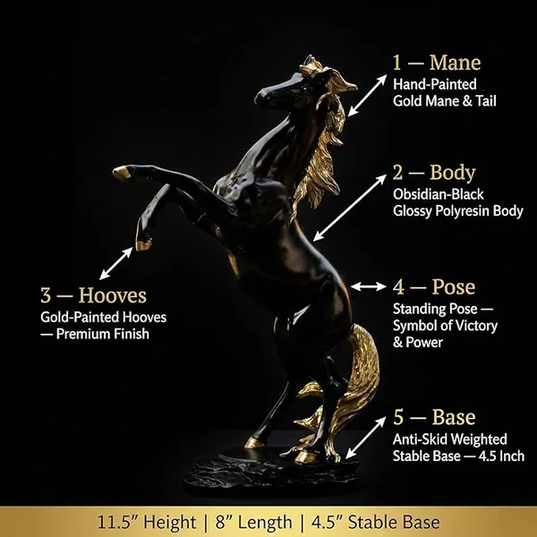 Black_&_Gold_Standing_Horse_Statue,_11.5_Inch_Polyresin_Figurine_-_Vastu_Feng_Shui_Decor_for_Living_Room,_Office_Desk_&_Hall