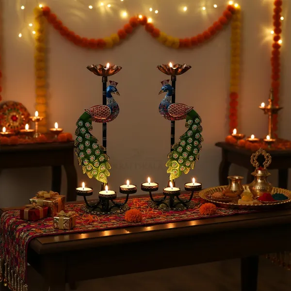 Peacock_Tealight_Candle_Holders_–_Left_Right_Facing_Decorative_Metal_Candle_Stands_with_4_Slots_Each_|_Vibrant_Tabletop_Home_Decor_&_Diwali/Navratra_Gift_Item_(13_Inch)-Set_of_2