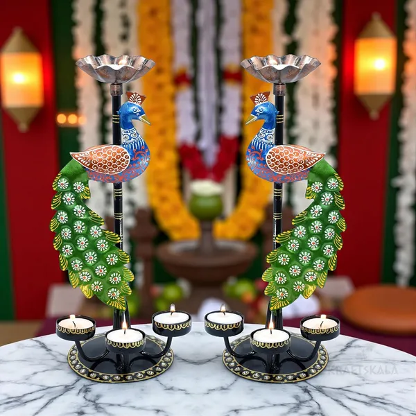 Peacock_Tealight_Candle_Holders_–_Left_Right_Facing_Decorative_Metal_Candle_Stands_with_4_Slots_Each_|_Vibrant_Tabletop_Home_Decor_&_Diwali/Navratra_Gift_Item_(13_Inch)-Set_of_2