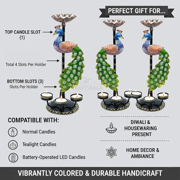 Peacock_Tealight_Candle_Holders_–_Left_Right_Facing_Decorative_Metal_Candle_Stands_with_4_Slots_Each_|_Vibrant_Tabletop_Home_Decor_&_Diwali/Navratra_Gift_Item_(13_Inch)-Set_of_2