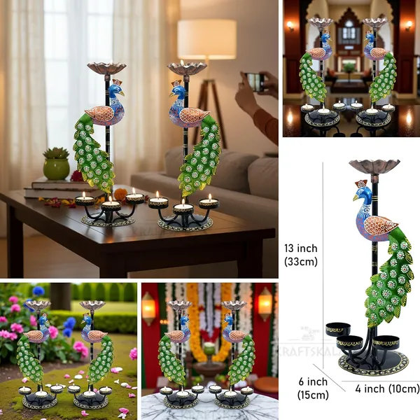 Peacock_Tealight_Candle_Holders_–_Left_Right_Facing_Decorative_Metal_Candle_Stands_with_4_Slots_Each_|_Vibrant_Tabletop_Home_Decor_&_Diwali/Navratra_Gift_Item_(13_Inch)-Set_of_2