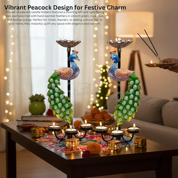 Peacock_Tealight_Candle_Holders_–_Left_Right_Facing_Decorative_Metal_Candle_Stands_with_4_Slots_Each_|_Vibrant_Tabletop_Home_Decor_&_Diwali/Navratra_Gift_Item_(13_Inch)-Set_of_2
