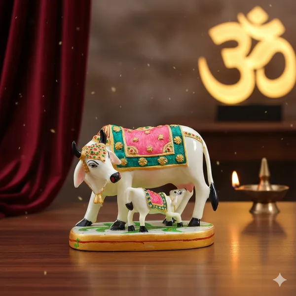 PremiumGolden_Calf_Statue_In_Marble_Dust,_Holy_Kamdhenu_Cow_Idol,_Showpiece_For_Home_Decor,_Handmade_Divine_Cow,_Mother_Cow_With_Baby_calf
