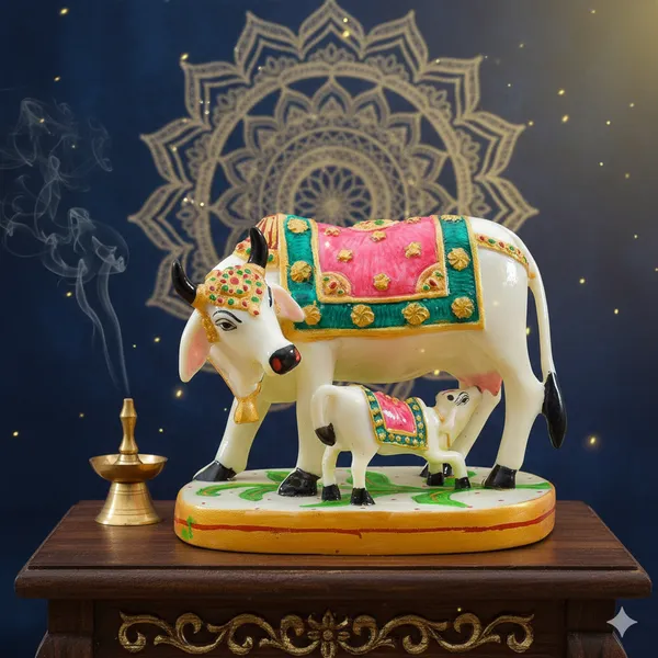 PremiumGolden_Calf_Statue_In_Marble_Dust,_Holy_Kamdhenu_Cow_Idol,_Showpiece_For_Home_Decor,_Handmade_Divine_Cow,_Mother_Cow_With_Baby_calf