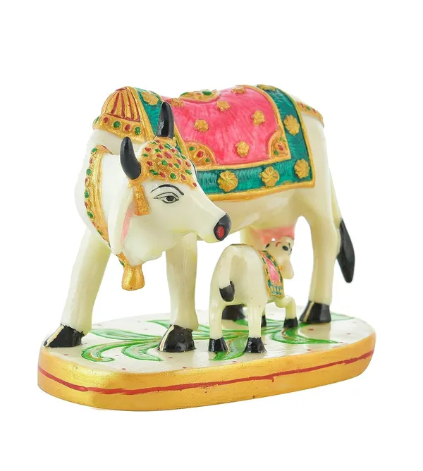 PremiumGolden_Calf_Statue_In_Marble_Dust,_Holy_Kamdhenu_Cow_Idol,_Showpiece_For_Home_Decor,_Handmade_Divine_Cow,_Mother_Cow_With_Baby_calf