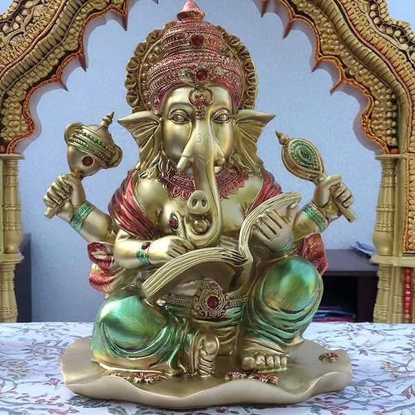Sagyaa_Lekhak_Ganesha_Idol_for_Home_Temple,_Large_10_inch_Ganpati_Murti_for_House_Entrance,_Auspicious_Vinayak_Resin_Statue_for_Home,_Living_Room,_Office_Desk,_Gifting_(Golden)