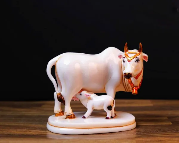 White_Golden_Calf_Statue_In_Marble_Dust,_Holy_Kamdhenu_Cow_Idol,_Showpiece_For_Home_Decor,_Handmade_Divine_Cow,_Mother_Cow_With_Baby_calf