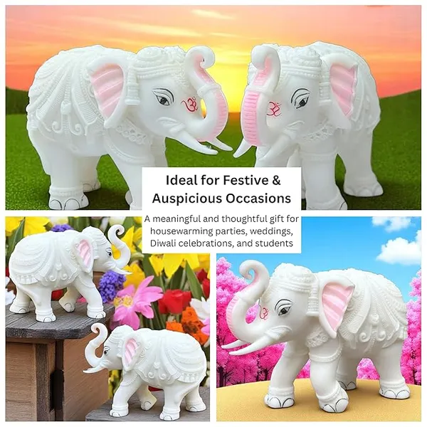 White_Marble_Elephant_Statue_Pair,_Trunk_Up_Decorative_Elephant_Figurine_for_Home_Entrance,_Living_Room_&_Office,_Vastu_Feng_Shui_Diwali,_Prosperity_Gift