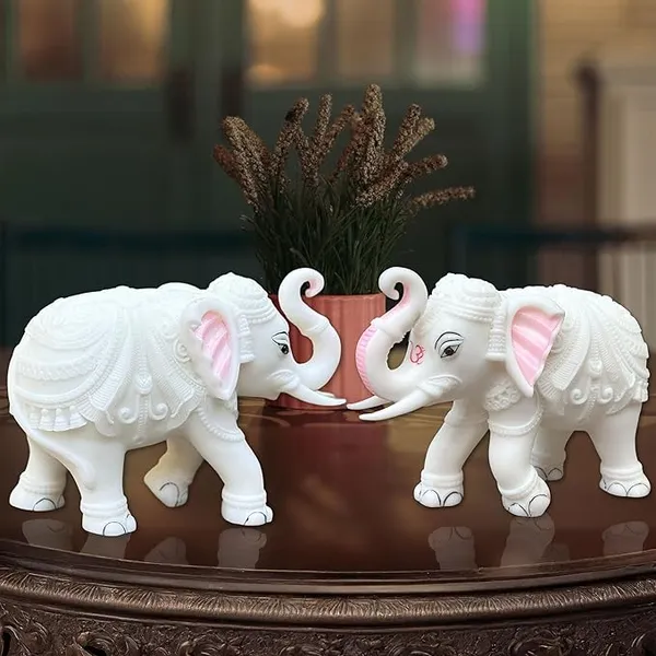 White_Marble_Elephant_Statue_Pair,_Trunk_Up_Decorative_Elephant_Figurine_for_Home_Entrance,_Living_Room_&_Office,_Vastu_Feng_Shui_Diwali,_Prosperity_Gift