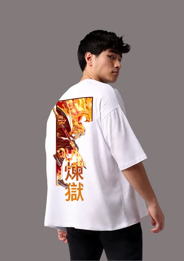 White_Kyojuro_Rengoku_Flame_Edition_Cotton_Oversize_T-Shirt_For_Unisex