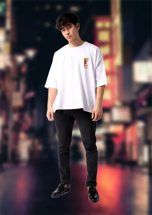 White_Kyojuro_Rengoku_Flame_Edition_Cotton_Oversize_T-Shirt_For_Unisex