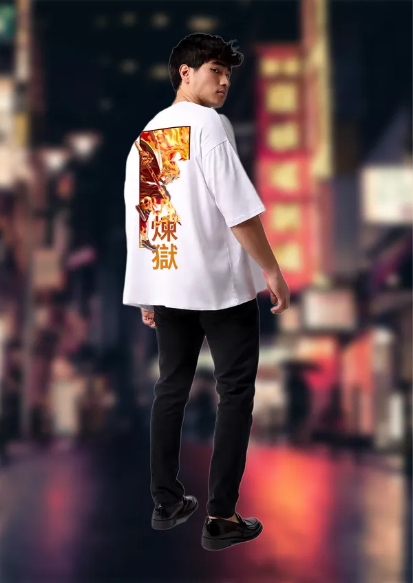White_Kyojuro_Rengoku_Flame_Edition_Cotton_Oversize_T-Shirt_For_Unisex