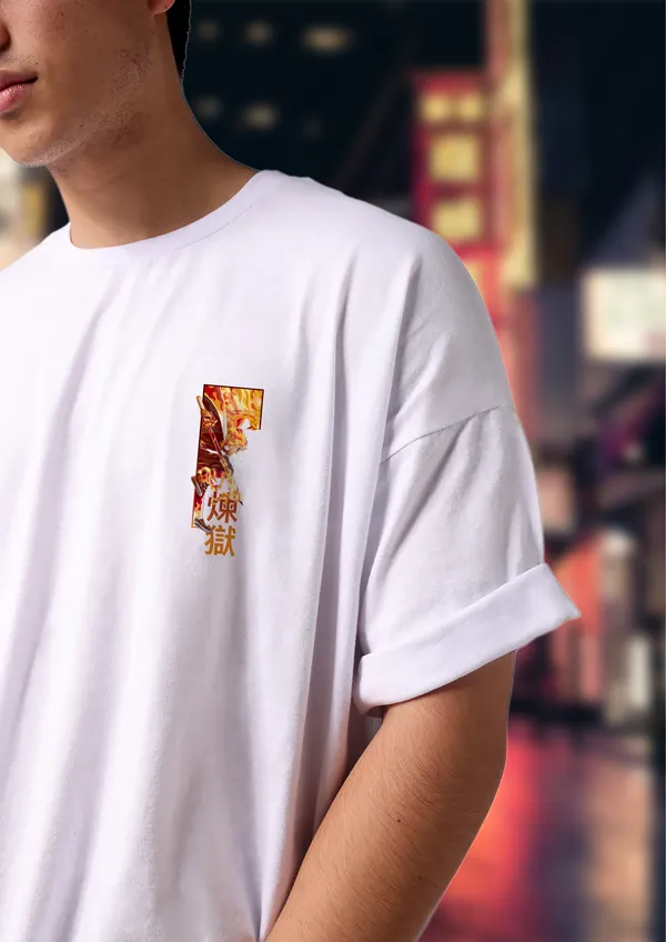 White_Kyojuro_Rengoku_Flame_Edition_Cotton_Oversize_T-Shirt_For_Unisex