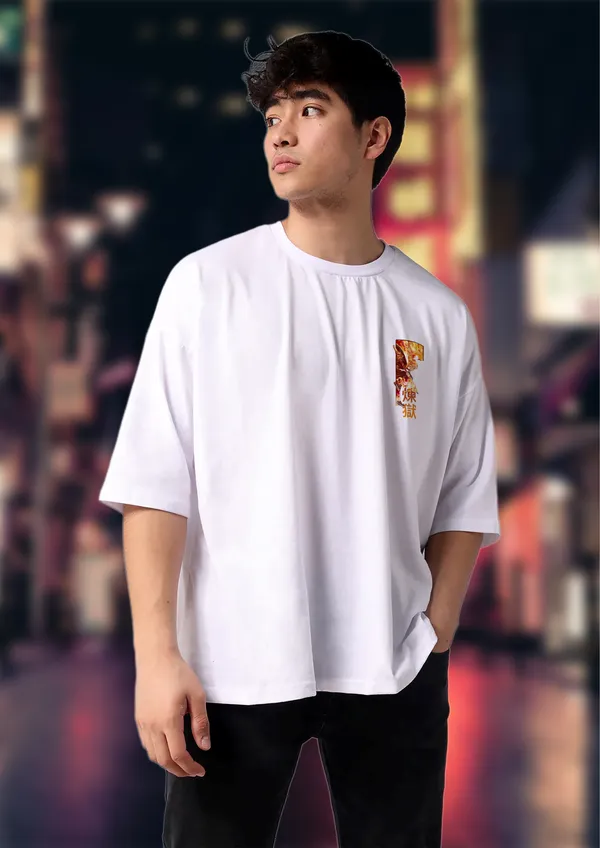 White_Kyojuro_Rengoku_Flame_Edition_Cotton_Oversize_T-Shirt_For_Unisex